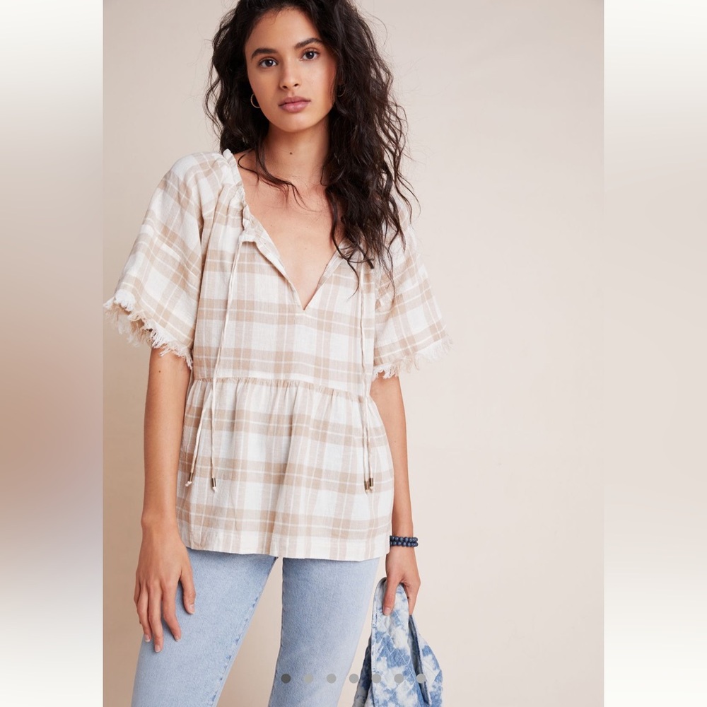 Pilcro Neutral Plaid Linen Blend Oversized Blouse